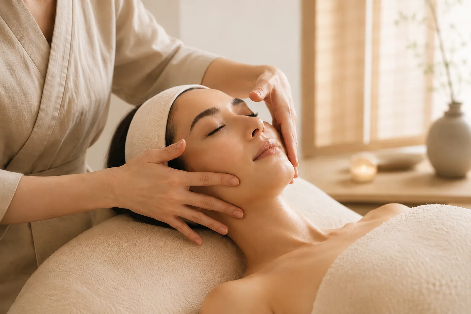 Asian woman lying on the treatment table with her eyes closed, receiving a Japanese lifting facial massage from a woman’s hands